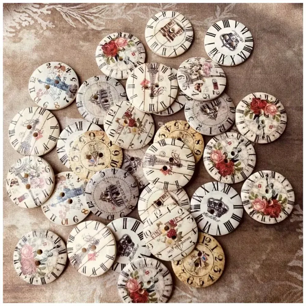 NWT Vintage Shabby Chic Wooden Clock Buttons Floral Crown Lot of 30